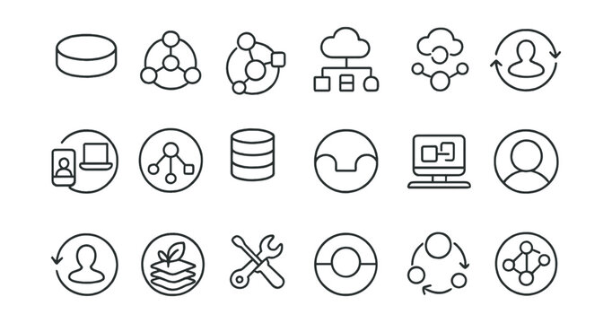 Line style icons of round digital ecosystems: round platform icon, round app integration, round API connection, round cloud sync, round user system, round cross-device, round ecosystem node, round