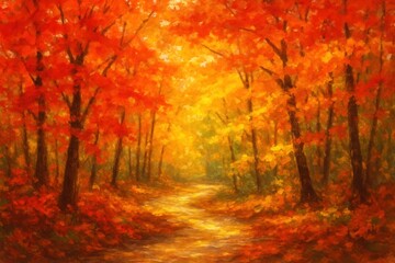 Fototapeta premium Impressionistic digital painting of a vibrant autumn forest with a sunlit path winding through trees adorned with fiery red orange and yellow foliage.