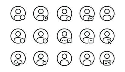 Line style icons of round user activity: round online status, round last seen, round active now, round do not disturb, round away icon, round idle badge, round typing icon, round joined date, round