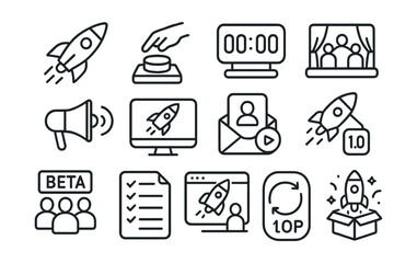 Line style icons of product launch: rocket icon, launch button, countdown timer, release event, teaser campaign, landing page, early access, pre-launch email, beta users, launch checklist, go live