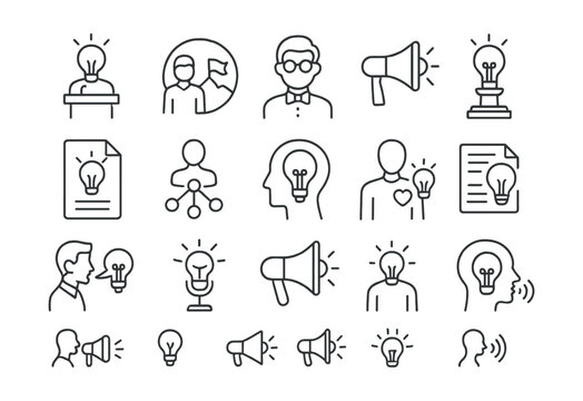 Line style icons of thought leadership: keynote idea, visionary icon, public thinker, message spotlight, idea platform, thought piece, concept influencer, leadership mind, idea lead, influential idea