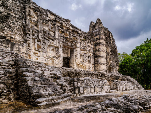 Structure II with menacing jaws of the serpent god Itzamna entrance, Hormiguero Archaeological Site, Campeche State, Mexico