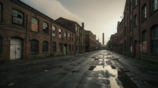 Abandoned street with brick buildings and puddles during twilight  