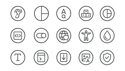 Line style icons of round accessibility UI: round screen reader icon, round high contrast, round text resize, round keyboard nav, round focus indicator, round alt tag, round motion toggle, round