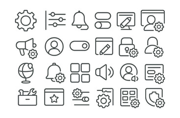 Line style icons of settings and personalization: settings gear, preferences icon, notification toggle, theme icon, user control, campaign settings, personal options, toggle switches, UI