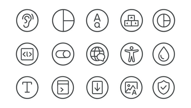 Line style icons of round accessibility UI: round screen reader icon, round high contrast, round text resize, round keyboard nav, round focus indicator, round alt tag, round motion toggle, round