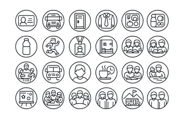 Line style icons of round student life: round student ID, round school bus, round locker icon, round school uniform, round lunch tray, round water bottle, round recess icon, round student badge,