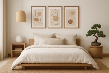 Serene modern Japandi style bedroom featuring a low platform bed with neutral linen bedding three minimalist abstract line art posters and natural wood accents.