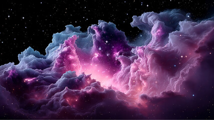 A vibrant nebula with swirling clouds of pink purple and blue against a backdrop of stars and space