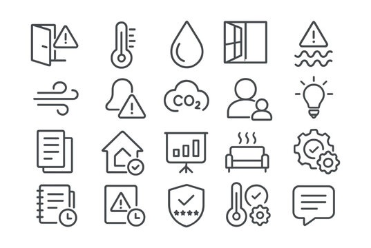 Line style icons of home status monitoring: door open alert, temperature status, humidity level, window open, leak detected, air quality, smoke alert, CO2 level, occupancy sensor, light status,