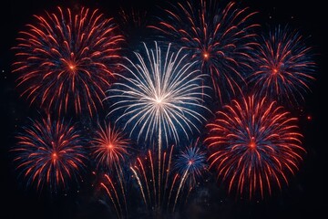 Fototapeta premium Spectacular red white and blue fireworks exploding in a starburst pattern against a dark night sky celebrating the 4th of July Independence Day.