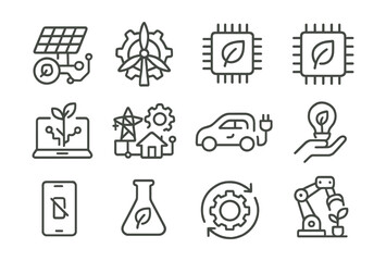 Line style icons of green technology: solar panel circuit, wind turbine gear, eco AI, green chip, sustainable tech, smart grid icon, EV tech, green innovation, tech recycling, low power device, green