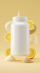 White protein supplement jar surrounded by lemon slice and cream swirl on soft yellow background, conveying freshness and citrus energy