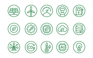Line style icons of round green technology: round solar panel, round wind turbine, round energy monitor, round smart meter, round EV charge icon, round eco dashboard, round efficiency icon, round