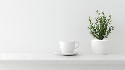 Fototapeta premium Minimalist white shelf with plant and cup
