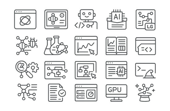 Line style icons of AI development tools: Jupyter notebook, model training app, coding assistant, AI toolkit, ML library, debug neural net, experiment tracker, training log, code sandbox, algorithm