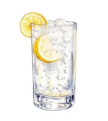 Glass with transparent cocktail, ice cubes and lemon slice. Watercolor illustration isolated on transparent background. Fizzy alcoholic drink. Gin fizz cocktail. Summer refreshment and classic drink 