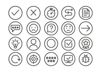 Line style icons of round funnel analytics: round funnel icon, round stage drop, round conversion step, round lead stage, round journey funnel, round user drop-off, round event series, round