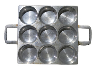 A top view of a traditional cast iron cake mold with nine round cups and two side handles. Commonly used for baking or cooking traditional snacks.
