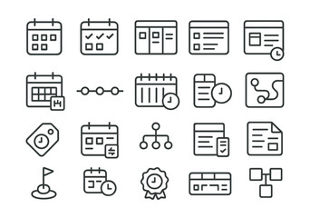 Line style icons of marketing planning and scheduling: calendar icon, task calendar, planning board, schedule icon, content planner, project timeline, weekly planner, day view, deadline tag, post