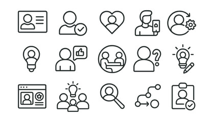 Line style icons of user-centered ideas: user persona, user goal, empathy icon, real-world use, context thinking, need-focused idea, feedback driven, scenario insight, problem context, design for
