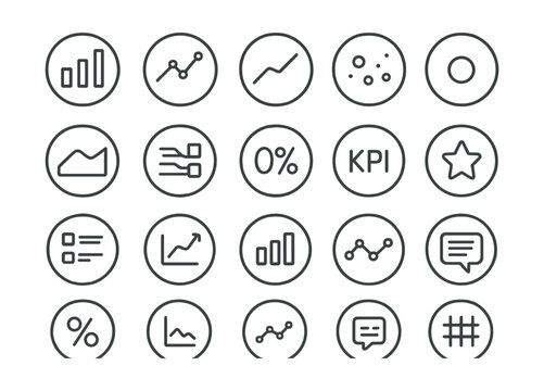 Line style icons of round data analytics: round bar chart, round line graph, round pie chart, round scatter plot, round area chart, round stacked bars, round trend line, round data point, round chart