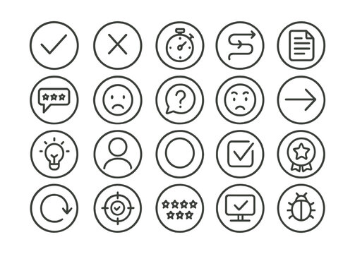 Line style icons of round funnel analytics: round funnel icon, round stage drop, round conversion step, round lead stage, round journey funnel, round user drop-off, round event series, round