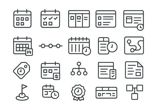 Line style icons of marketing planning and scheduling: calendar icon, task calendar, planning board, schedule icon, content planner, project timeline, weekly planner, day view, deadline tag, post