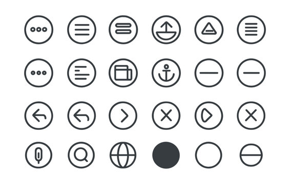 Line style icons of round navigation elements: round menu icon, round hamburger icon, round dropdown menu, round top nav, round side nav, round sticky nav, round tab nav, round bottom bar, round