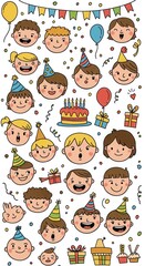 Cartoon kids celebrate a birthday with hats, gifts, balloons, and cake