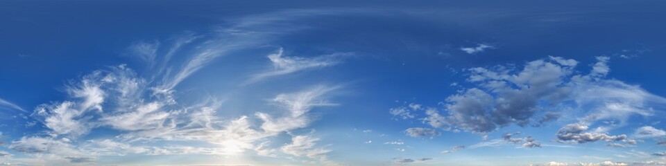Seamless cloudy blue sky hdri panorama 360 degrees angle view with zenith and beautiful clouds for use in 3d graphics or game development as sky dome or edit drone shot © hiv360