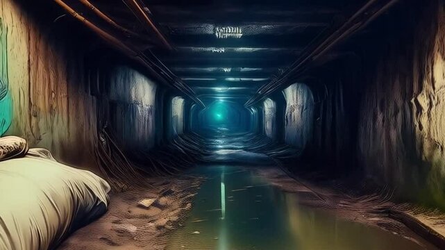 Verlassene Kanalisation mit Graffiti und Spuren von Leben