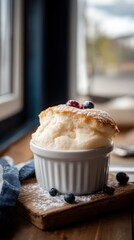 Classic soufflé dessert served in a ramekin with berries on wood  