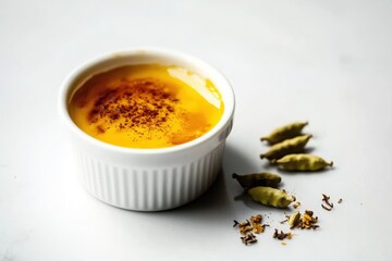 Creamy dessert in white ramekin with spices on white background  