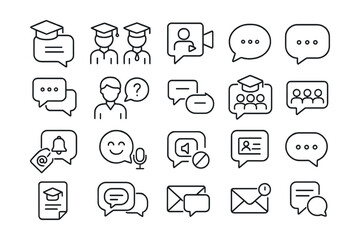 Line style icons of communication and online chat: education chat, student discussion, live Q&A, chat bubble icon, discussion thread, ask teacher, reply thread, student group chat, class announcement