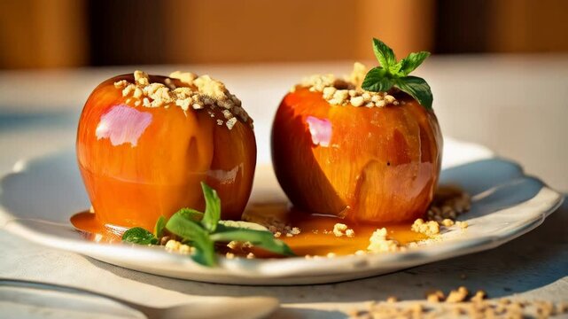 Baked Apples with Cinnamon, Walnuts, and Maple Syrup. A close-up studio shot of two baked apples, topped with walnuts and fresh mint, drizzled with maple syrup, and served on a rustic plate 