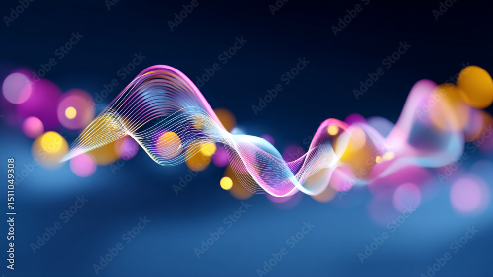 Wall mural abstract wave pattern with colorful lines and bokeh lights on a dark blue gradient background art de