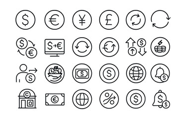 Line style icons of round currency and exchange: round dollar icon, round euro icon, round yen icon, round pound icon, round exchange rate, round currency pair, round forex trade, round money
