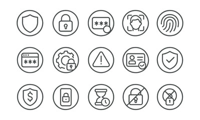 Line style icons of round security and identity: round shield icon, round lock icon, round two-factor auth, round facial ID, round fingerprint icon, round secure code, round privacy setting, round
