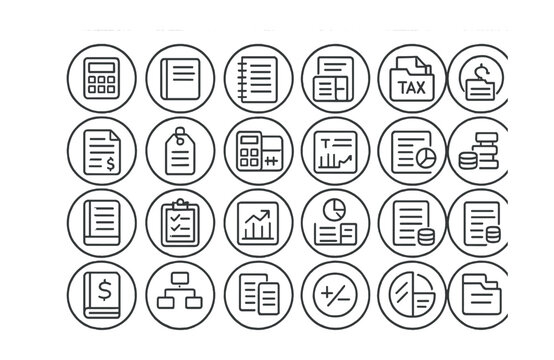 Line style icons of round accounting and bookkeeping: round calculator icon, round balance sheet, round ledger book, round invoice icon, round tax file, round accounting report, round receipt tag,