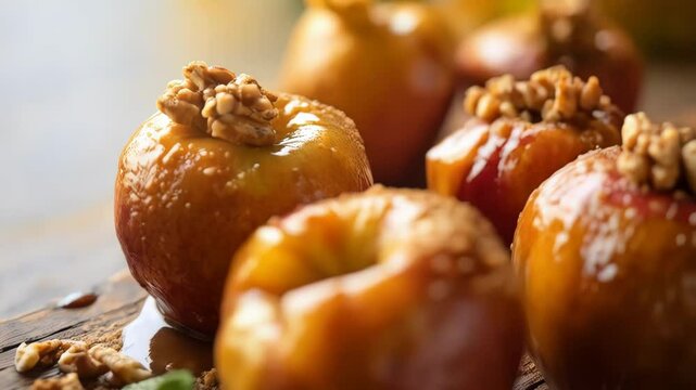Baked Apples with Cinnamon, Walnuts, and Maple Syrup. A close-up studio shot of two baked apples, topped with walnuts and fresh mint, drizzled with maple syrup, and served on a rustic plate 