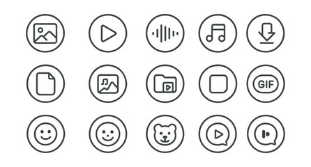 Line style icons of round multimedia messaging: round image icon, round video message, round voice note, round audio file, round document attach, round media file, round gallery preview, round file