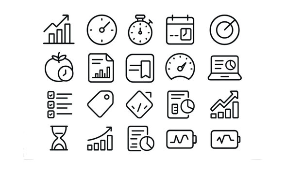 Line style icons of productivity tools and tracking: productivity graph, focus timer, time tracking app, performance ring, Pomodoro icon, work stats, time block, distraction-free mode, task