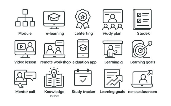 Line style icons of learning and professional development: course module, e-learning icon, certification badge, study plan, video lesson, remote workshop, webinar icon, test quiz, flashcard icon,