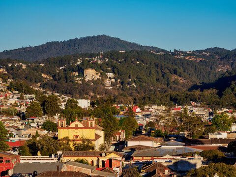 View towards the San Francisco de Asis Church at sunset, San Cristobal de las Casas, Chiapas State, Mexico