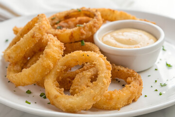 Crispy Fried Onion Rings with Sauce on White Plate – Snack or Appetizer Food Concept