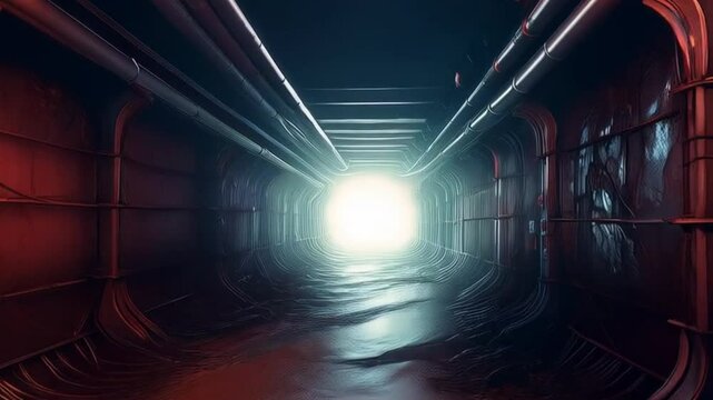 Verwinkeltes Kanalsystem mit rotblinkendem Notlicht