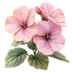 Delicate pink geranium flowers with intricate petal details against a dark backdrop