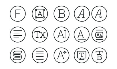Line style icons of round typography and fonts: round font icon, round type tool, round bold letter, round italic icon, round text alignment, round kerning icon, round line height, round font pairing