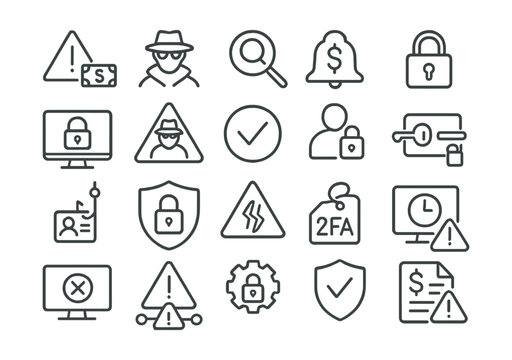 Line style icons of fraud prevention and security: fraud alert, scam warning, identity check, transaction alert, encryption icon, secure login, suspicious activity, verification icon, account lock,